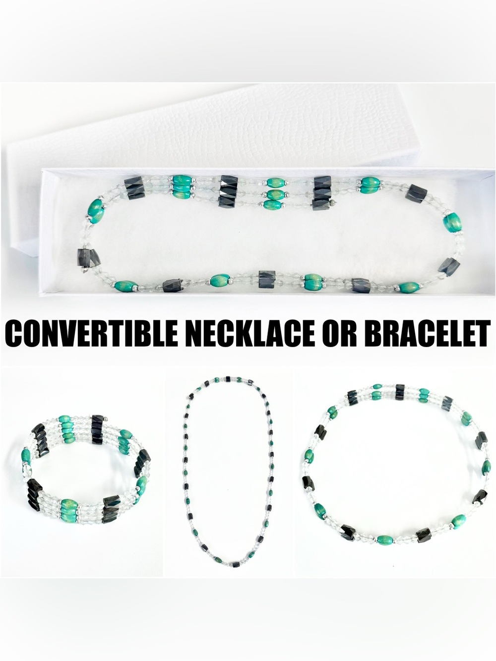 Magnetic Convertible Choker / Long Necklace or Bracelet Turquoise Hematite NWT